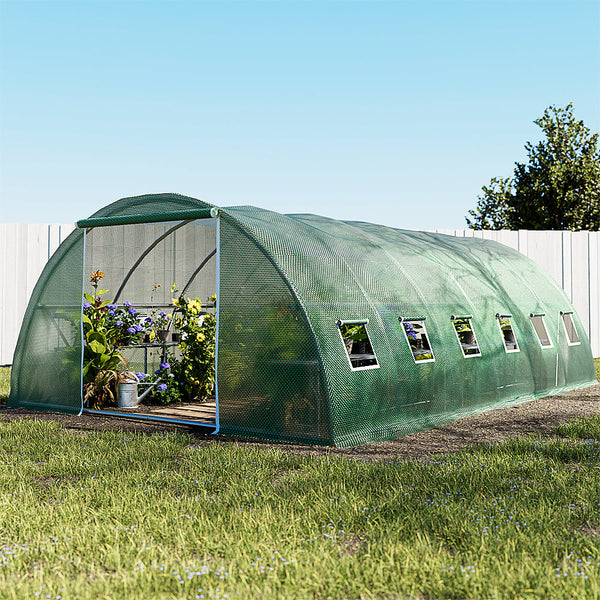 Greenfingers greenhouse with white fence & blue sky, perfect for growing favourite greens