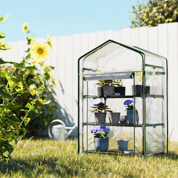 Greenfingers mini greenhouse 3 tiers garden bed with plants, pvc cover, and zipper door