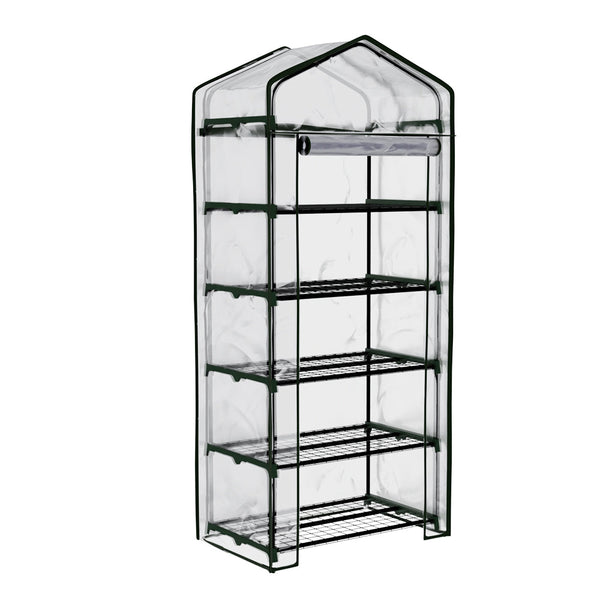 Black and white photo of greenfingers mini greenhouse with 5 tiers of shelves and pvc cover