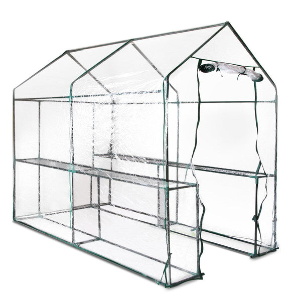 Large transparent greenhouse with green roof from greenfingers, easy installation, 4 shelves