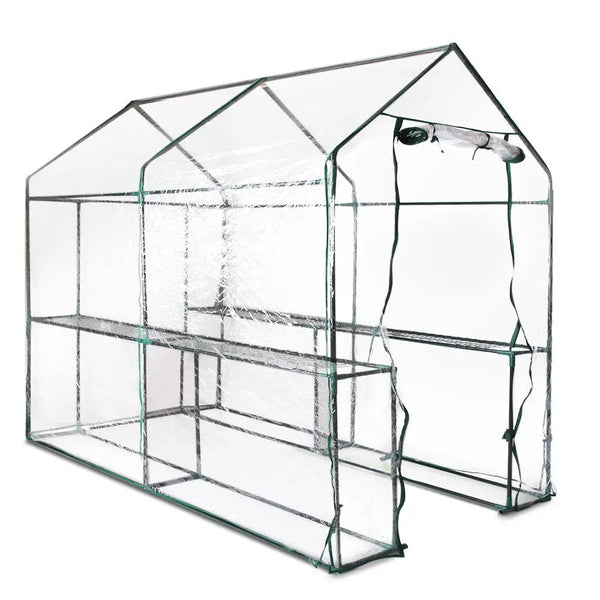 Large transparent greenhouse with green roof from greenfingers, easy installation, 4 shelves