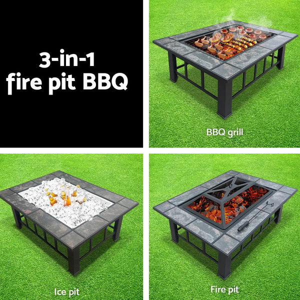 Outdoor fire pit table with grill and ice bucket, powder coated steel frame - grillz fire pit bbq grill ice bucket 3-in-1 table