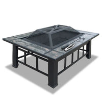 Outdoor steel fire pit table with black granite top, powder coated finish