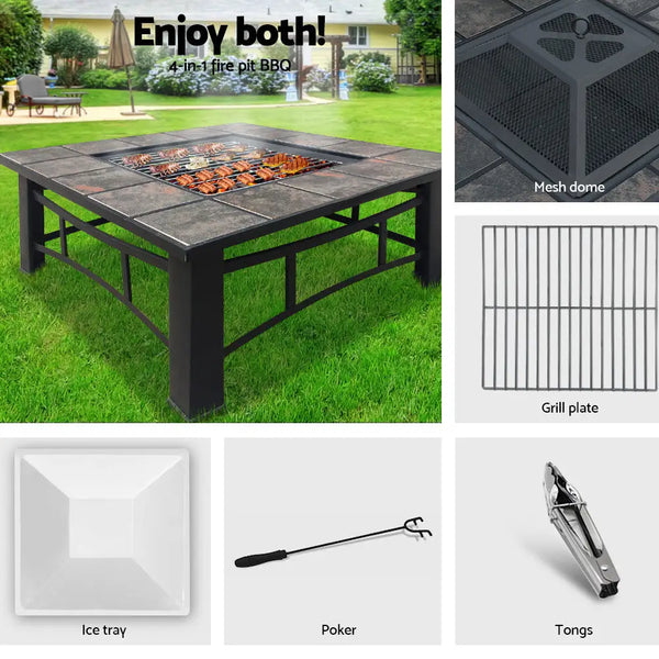 Outdoor multi-purpose table with fire pit, grill, and grilling tools