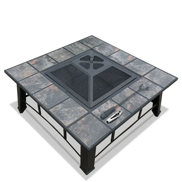Outdoor multi-purpose table with slate tile top and steel frame, grillz fire pit bbq grill ice bucket 4-in-1 table