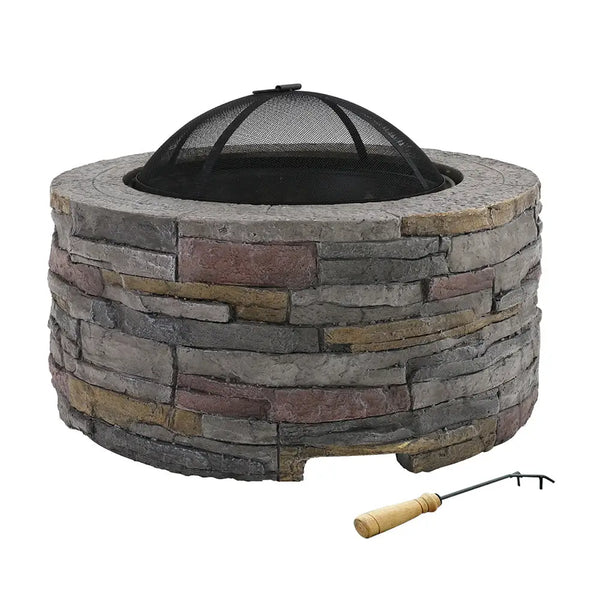 Grillz fire pit table round 70cm with stone construction and wood stick