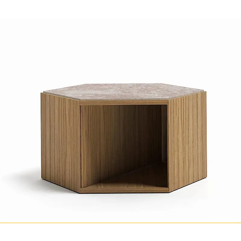 Hexagonal wooden side table with marble top on a white background