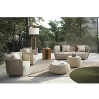 Outdoor patio furniture set with a man sitting on a chair, featuring text about Nordic design concept.