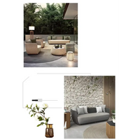 Outdoor furniture set with a modern design on a patio, featuring a gray sofa and chairs.