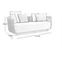 Dimensions of a sofa and two side tables with measurements in centimeters.