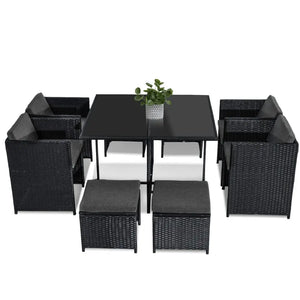 Modern rattan garden furniture oozes style: horrocks 8 seater outdoor dining set with black table, six chairs, and plant