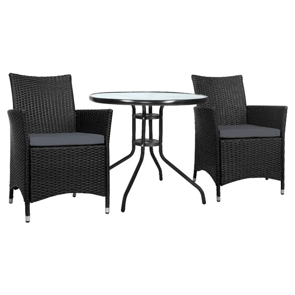 Gardeon 3pc outdoor bistro set - black wicker patio furniture with chairs and table