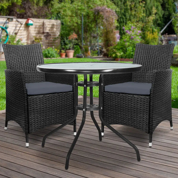 Gardeon outdoor bistro set black wicker table chairs wooden deck