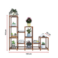 Indoor outdoor garden plant stand with natural stained pine shelves and plants
