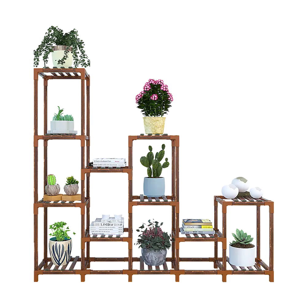 Airy indoor-outdoor garden plant stand with wooden shelving, plants, and books