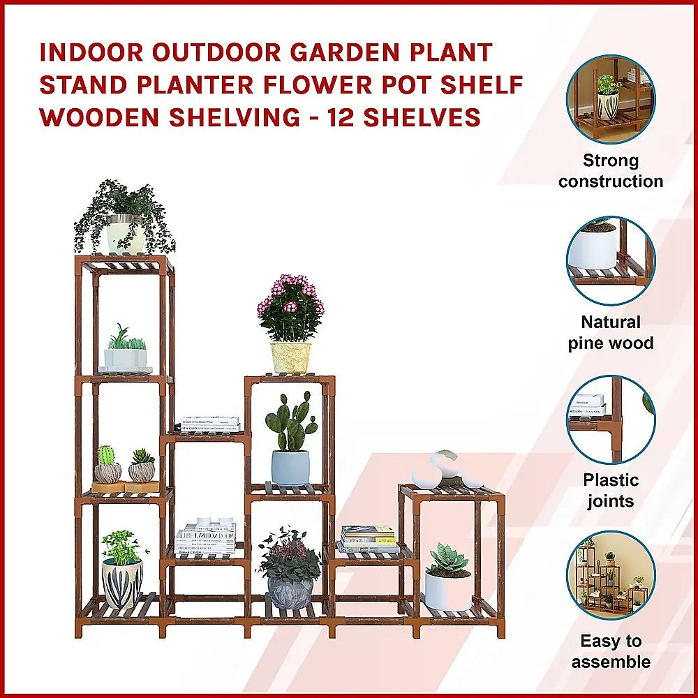 Airy indoor-outdoor plant stand with 12 shelves, natural stained pine