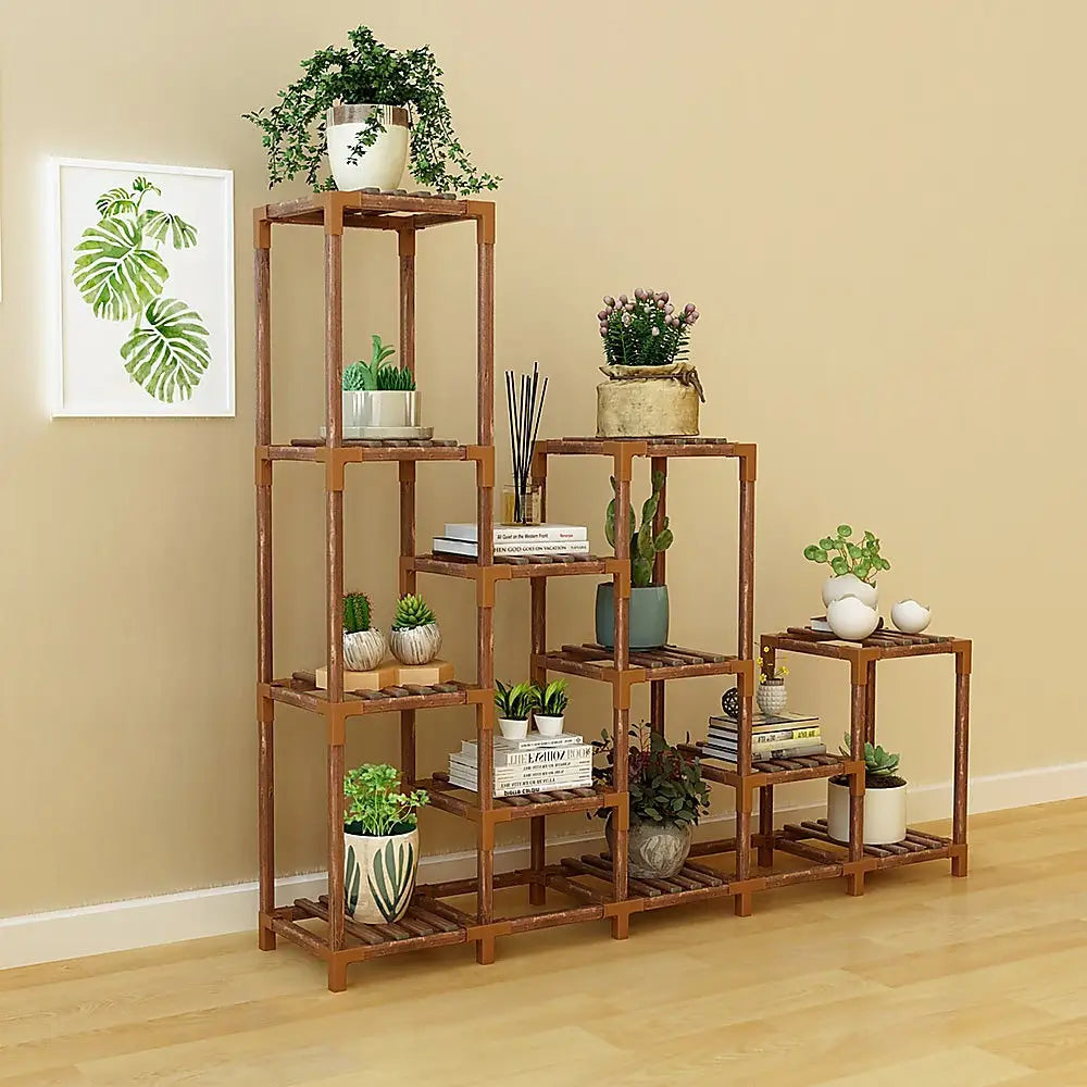 Airy indoor-outdoor plant stand with natural stained pine shelves, plants, and books