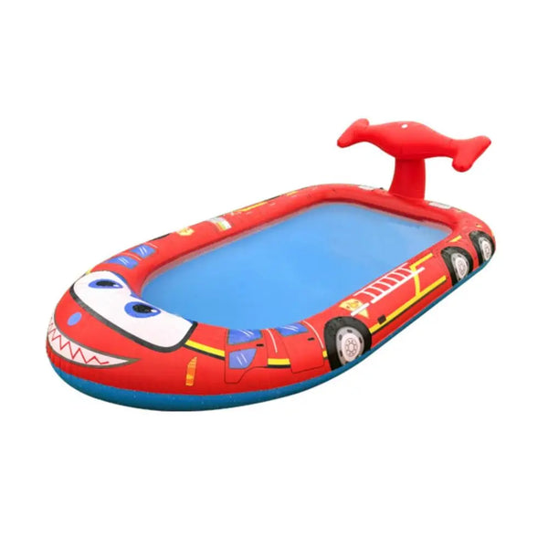 Red inflatable boat with blue pool in the inflatable sprinkler pool for kids - fire engine product