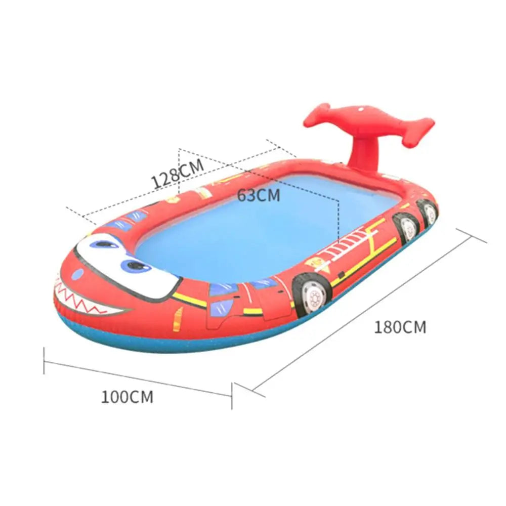 Inflatable car pool float for kids in inflatable sprinkler pool - fire engine