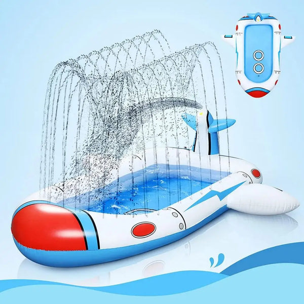 Inflatable sprinkler pool for kids with small boat spraying water