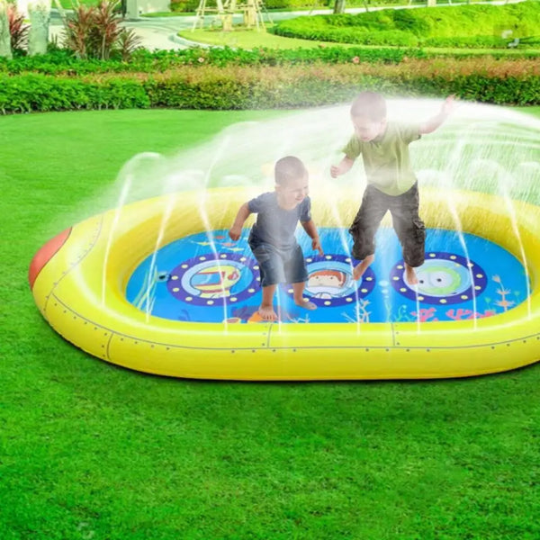 Kids playing in inflatable sprinkler pool at water park