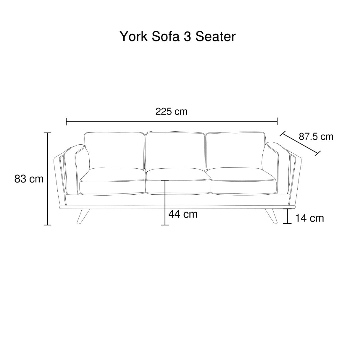 Line drawing of York Sofa 3 Seater with dimensions labeled