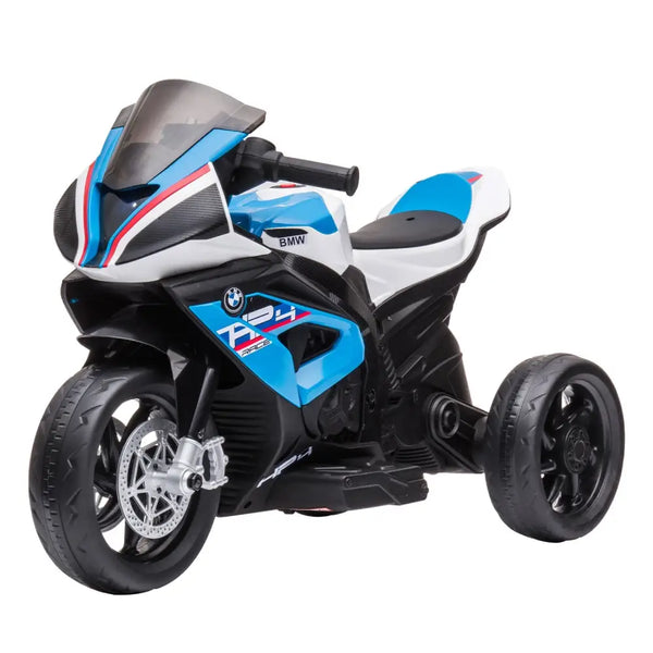 Kids ride-on bmw hp4 race motorbike in blue and white with black seat