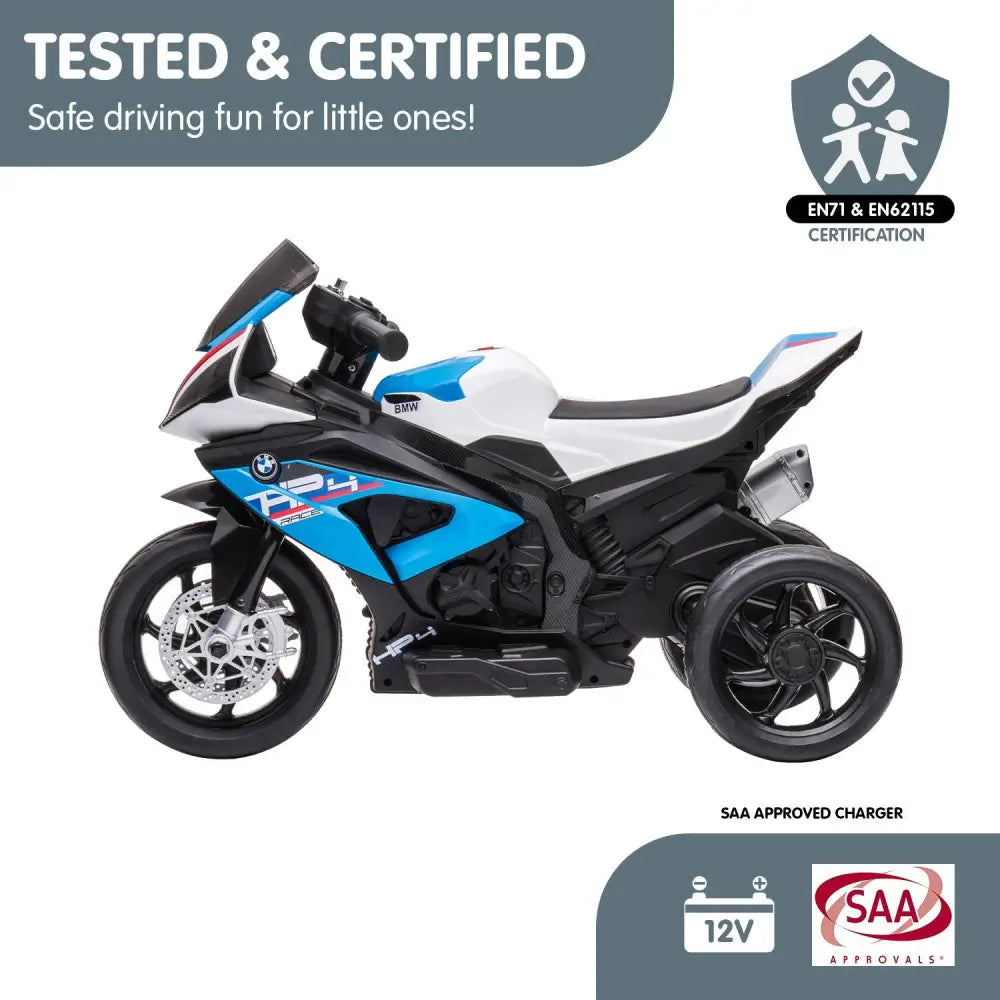Kahuna bmw hp4 race kids ride-on motorbike in blue and white color scheme