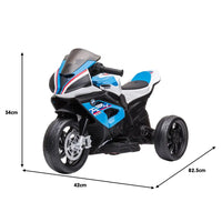 Blue and white bmw hp4 race kids ride-on motorbike with black seat