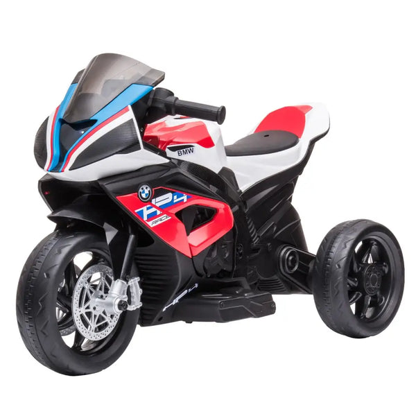 Red and white bmw hp4 race kids ride-on motorbike with black seat