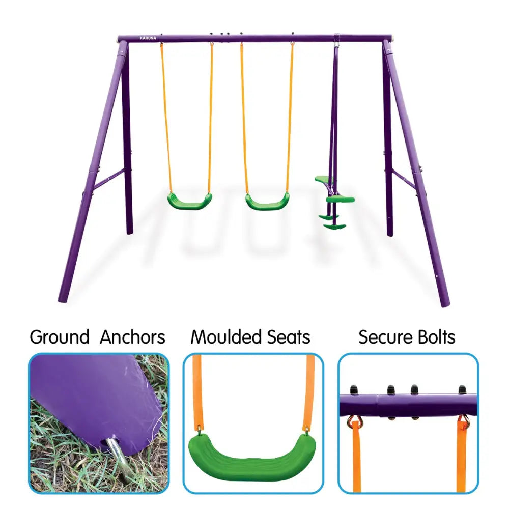 Kahuna kids 4-seater swing set in purple and green with swings