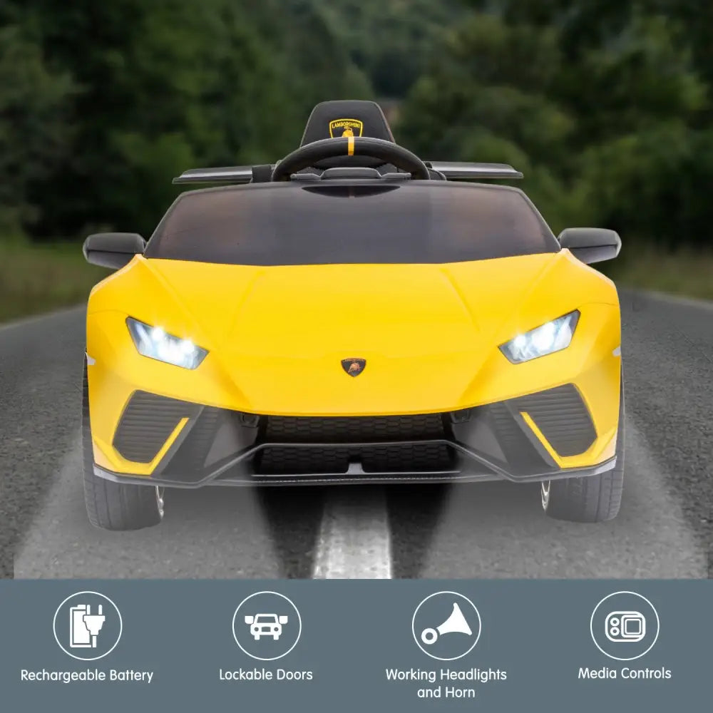 Yellow lamborghini performante electric ride on toy car on road