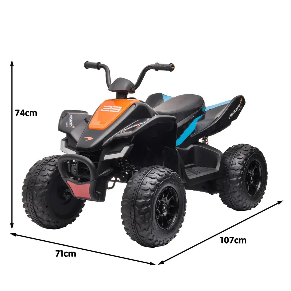 Kahuna licensed mcl35 mclaren kids ride on electric quad bike with blue and orange seat and working led lights