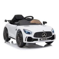 White mercedes-amg gt-r ride-on car with black seat for sports car enthusiasts