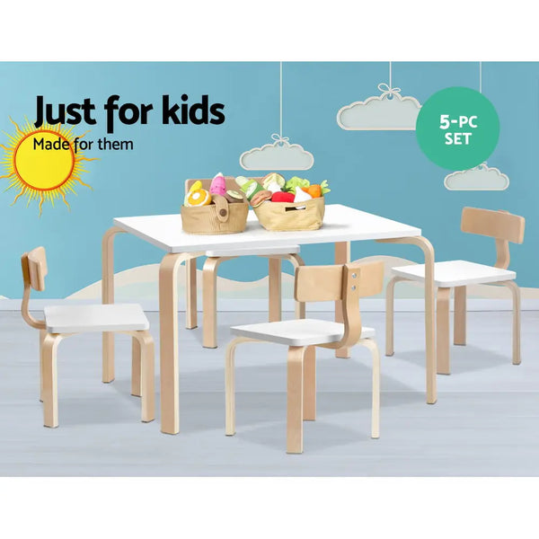 Stylish 5-piece kids table and chairs set with basket of fruit