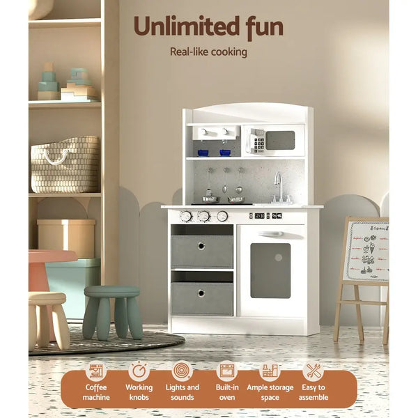 Solid wood white kitchen set with microwave oven - keezi kids kitchen play set