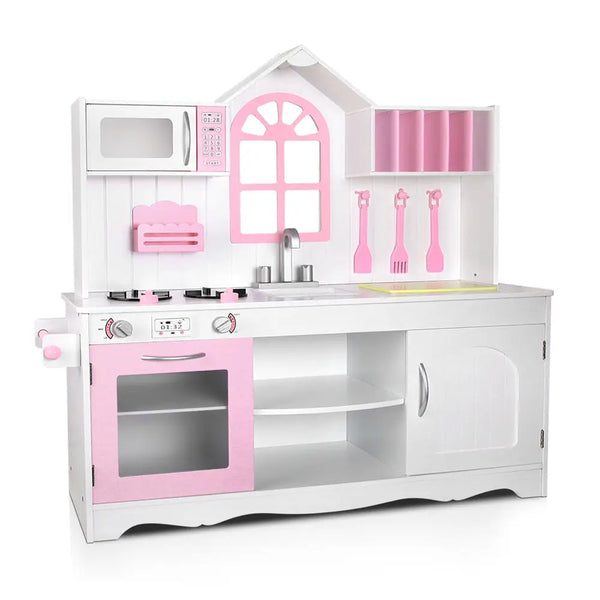 Keezi kids kitchen play set wooden pretend toys - white and pink kitchen play set with sink