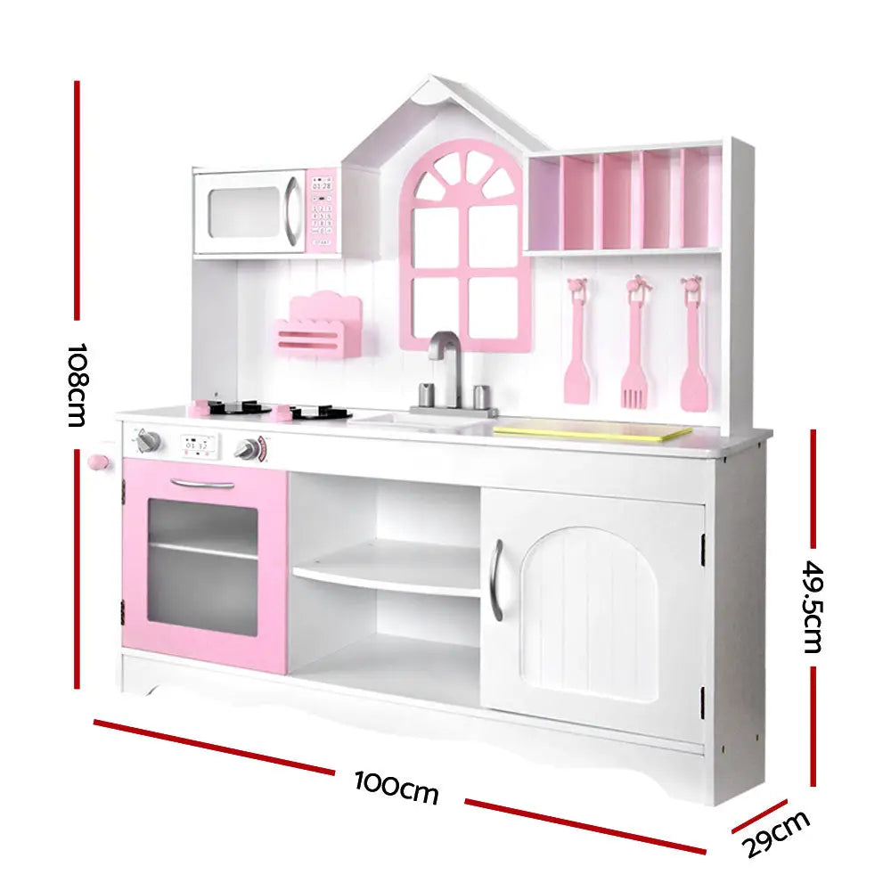 Keezi kids kitchen play set - white and pink play kitchen with sink