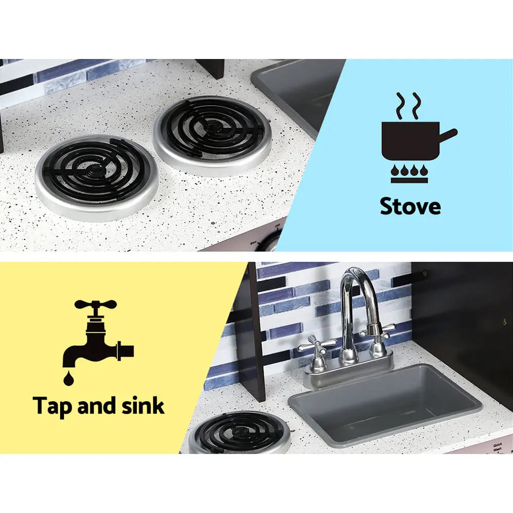 Keezi kids kitchen play set with sink and tap icon- black & white