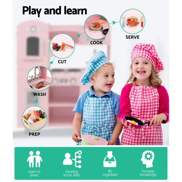 Keezi kids kitchen play set: girl and woman cooking in pink toy kitchen