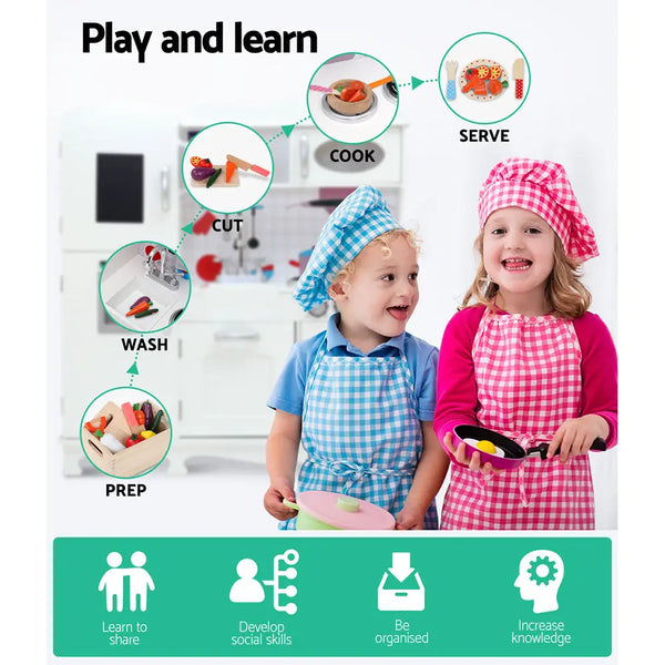 Keezi kids kitchen play set wooden pretend toys cooking storage - white poster with child and woman in aprons