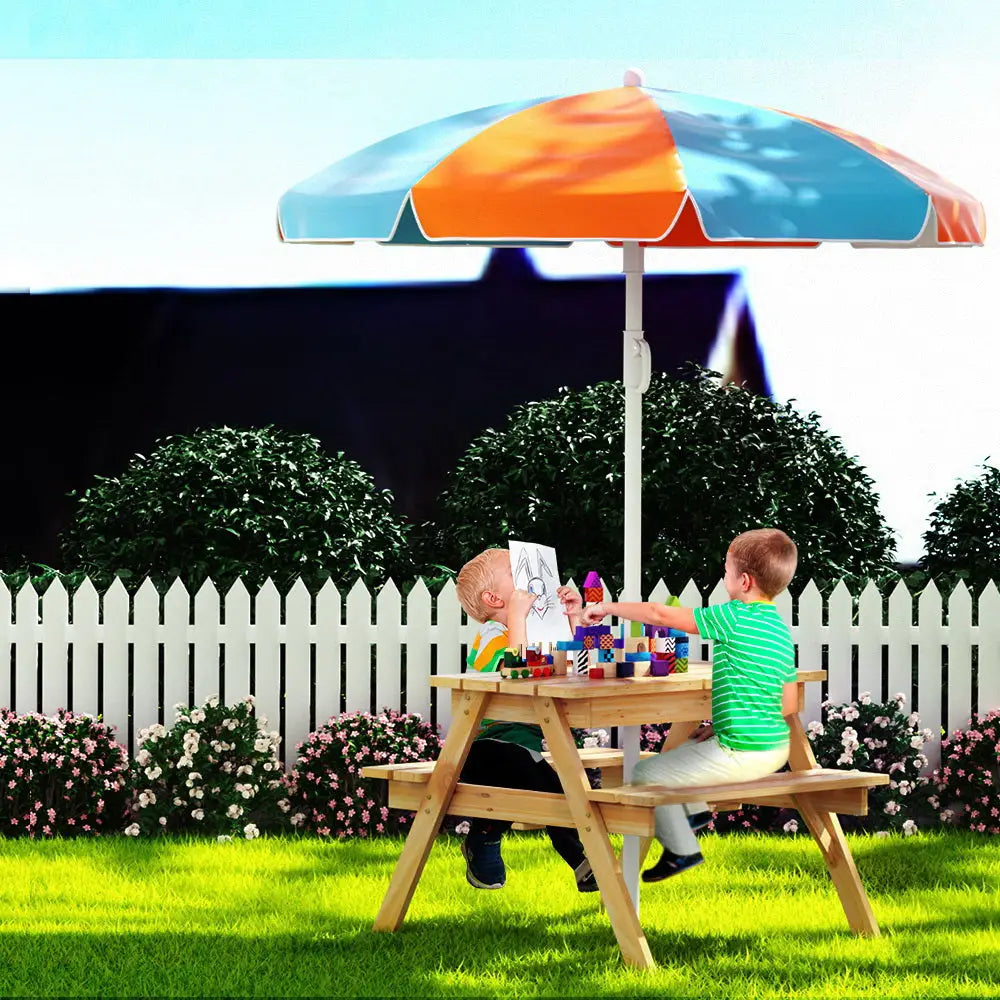 Keezi kids outdoor bench set at picnic table with umbrella and storage boxes