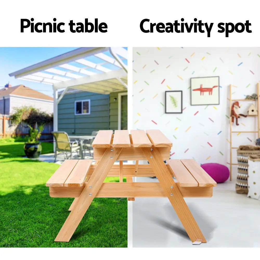 Kids outdoor picnic table and chairs set with wooden bench in the background
