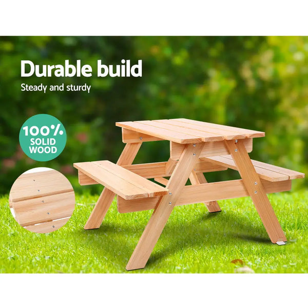 Wooden picnic table for kids outdoor with green background