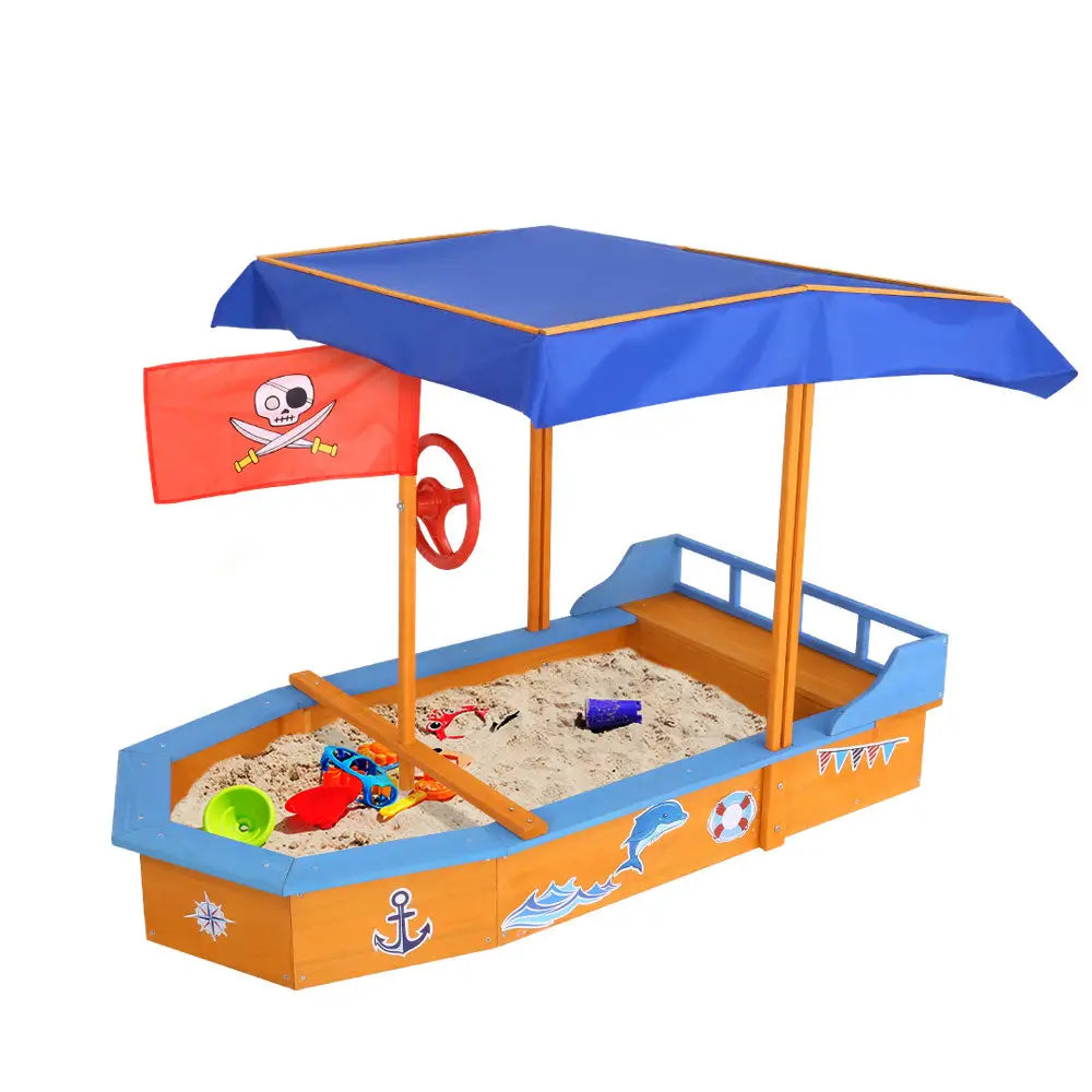 Keezi kids boat-shaped sand pit with blue and red umbrellas