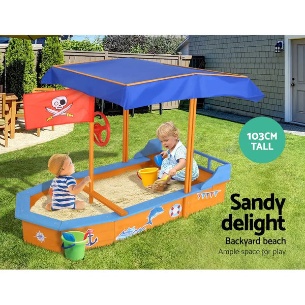 Keezi kids boat-shaped sandpit with canopy and bench seat