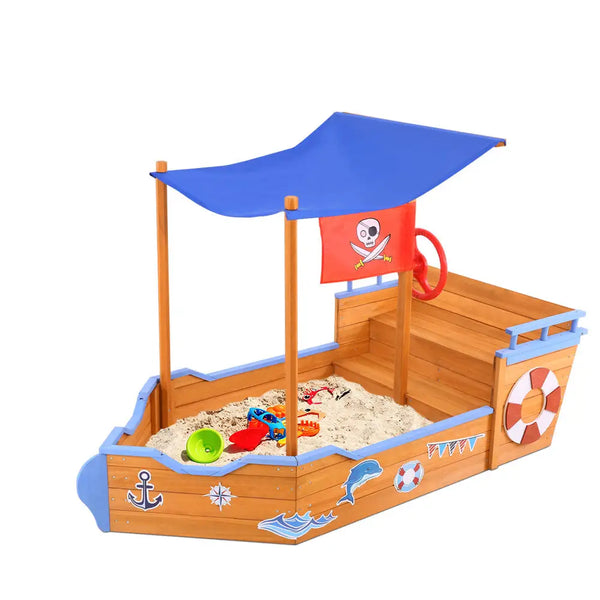 Keezi kids boat-shaped sand pit with canopy bench seat on beach