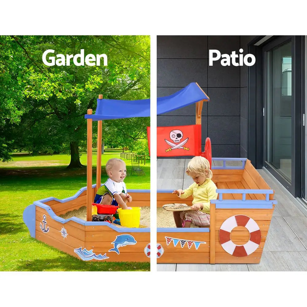 Child playing in boat-shaped sand pit with canopy bench seat, keezi kids sandpit wooden boat 165cm