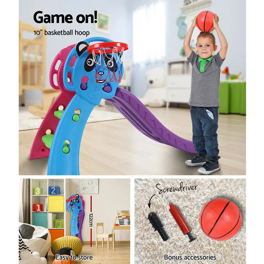 Kid playing with basketball hoop from keezi kids slide set, indoor/outdoor playground