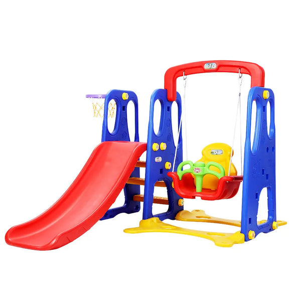 Keezi kids slide swing set with basketball hoop in red and blue - outdoor play centre